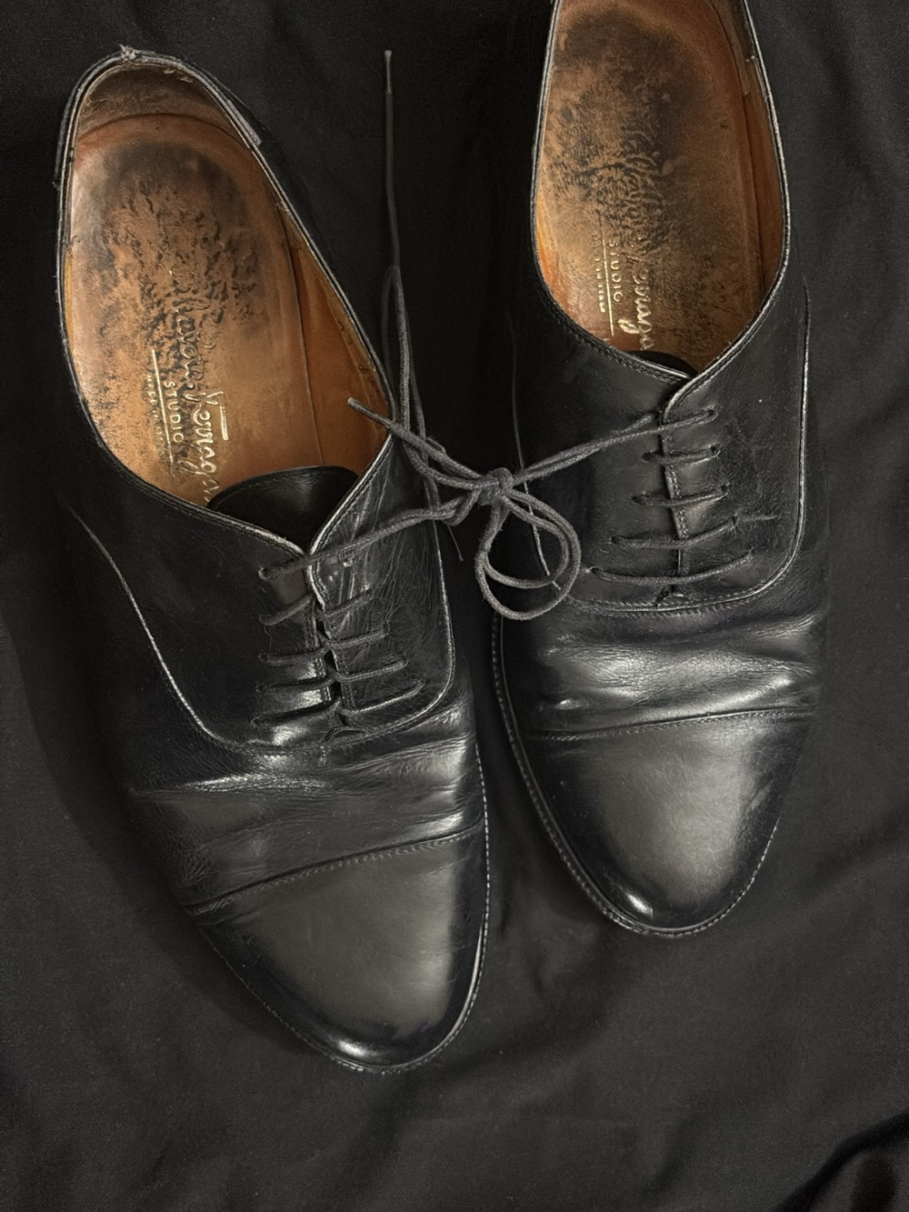 Salvatore Ferragamo Black Cap-Toe Leather Oxfords